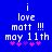 Blue background with white pixelated text reading "i love matt !!! may 11th" and pink plus signs below, showing animation change in plus sign positions.
