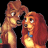 Animated sequence of two cartoon characters with long red hair and blue collars, positioned side-by-side against a black background.