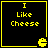 Four identical black square with yellow borders, each containing the text "I Like Cheese" in pixelated yellow font and a small Pac-Man-like icon at bottom-right