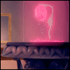 Animated pink flower with glowing petals and falling particles on a dark ornate shelf against a muted room background.