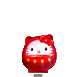 Red Hello Kitty avatar with white face and black eyes, wearing a red bow on head; left version shows closed mouth, right version holds pink envelope.