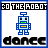 Blue robot with green eyes and yellow chest dances on white background, text "DO THE ROBOT" above and "dance" below in black pixelated font