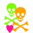 Pixelated image with green and orange skulls, crossed bones, and a pink heart on white background, paired with text on green and gray