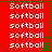Red background with white 'Softball' text repeated in , green pine tree icons at bottom-right of each quadrant
