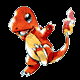 Two side-by-side pixelated depictions of a small orange dinosaur-like creature with a yellow underbelly, white accents, and a flame on its tail against a black background.