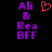 Pixelated purple text 'Ali & Rea BFF' on black background with a red heart symbol above the ampersand in one view.