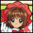A pixelated anime-style character with brown hair and green eyes wearing a red hooded outfit, next to stylized text on a black background.