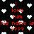 Black background with white pixelated hearts and red text reading 'i love him', 'his name is', and '????' in various positions.
