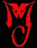 Three vertically stacked stylized 'M' and 'J' letterforms with devil horns, rendered in red, white, and blue on black backgrounds.