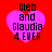 Four identical pink heart-shaped icons with black text on a red background, each displaying 'Gleb and Claudia 4 EVER' in pixelated font.