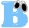 A light blue letter B with gray inner sections, featuring two distinct states: one with large black circular eyes and white highlights, the other with a single horizontal black line above the top section.