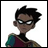 Pixelated character with dark spiky hair and glasses, wearing a multicolored top with green, purple, and brown sections against a white background.