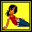 Animated contact sheet of a pixel art character with changing pose and text, set against yellow background with black borders.