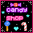 Pixel art contact sheet showing two animated frames of a candy shop icon with changing text colors and background elements on black canvas with pink border.