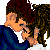 Pixelated image of two figures embracing, with text elements including '8 letters', '3 words', '1 meaning', and 'l u v u!' in blue and purple hues.