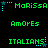 Green pixelated text on black background with blue star and dot animations; repeated phrases 'Marissa', 'Amores', 'Italians' in