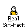 Animated contact sheet of a pixel art character with multiple frames showing different poses and props, including yellow shirt variations, red objects, and beer cans, all labeled "Real Six-Pack" below each frame.