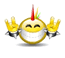 Animated yellow circular character with red and green antenna, silver mouthpiece, raised hands, changing facial expression from smiling to frowning.