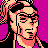 Pixelated 48x48 static icon of a character with black hair tied back, wearing dark sunglasses and a purple top against a solid magenta background.
