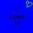 Blue background with two identical pixelated text blocks reading "I LOVE TJ" and a green heart symbol above them.