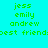 Pixelated text displays names and phrases on cyan background with pink rectangular overlays, showing animation changes in color blocks.