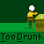 Animated pixel art of a character with white hair and yellow clothing at a desk, performing actions with a hand and floating white orb, repeated across with 'TooDrunk' text below