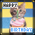 Pixelated cat holding a pink cupcake with green frosting, standing against yellow and blue striped background; text 'HAPPY' top-left, 'BIRTHDAY' bottom-right.