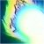 Pixelated abstract composition with gradient colors transitioning from dark blue to green to yellow to light blue on a white background.