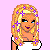 Pixelated cartoon doll with blonde hair and purple flowers, wearing a white dress and white platform sandals, against a pink background with text below.