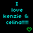 Pixelated cyan text on black background reads "I love kenzie & celina!!!!!" with two green pixel hearts below.