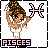 Pixel art contact sheet showing two frames of a Pisces zodiac-themed animated buddy icon with a cartoon character holding the Pisces symbol.