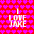 Red background with pink heart pattern, white text "I LOVE JAKE" in four quadrants.