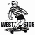Pixelated black-and-white icon of a skeleton figure riding a skateboard with 'WEST SIDE' text below.