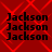 Red background with repeating diamond pattern and four identical of black text reading "Jackson" in pixelated font