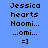 Pixelated text displays 'Jessica hearts Naomi... ...omi... =]' on blue background with cyan highlight changes across three