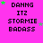 A bright pink background displays repeated text "DAMNG ITZ STORMIE BADASS" with green and purple stars scattered around, showing slight variations in star positions across frames.