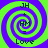 Four identical spiral patterns with alternating green and purple rings, each containing text elements arranged vertically.