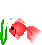 A 4-frame pixel art animation of a red goldfish swimming left and right among green seaweed with blue bubbles on a gray background.