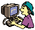 Pixelated character in purple shirt and teal cap interacts with old CRT monitor, showing sequential mouth expressions from open to closed.