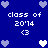 Blue background with pixelated text 'class of 20'14' and '<3', surrounded by light purple and white heart icons.
