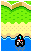 Pixel art animation of a small vehicle moving across terrain with water, sand, and grass layers.