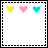 Three pastel hearts—yellow, pink, cyan—arranged horizontally on a white background with black dashed borders; animation shows subtle color shifts across frames.