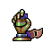 Pixelated figure with brown body, green and blue accents, and a purple bow, holding a small object above its head.