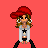 Pixel art character with red hat and gray jacket stands on red background with text elements.