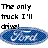 Pixelated text reads 'The only truck I'll drive!' above a blue and purple pixelated oval shape.