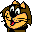 Pixelated cartoon character with brown hair, yellow face, and black body features on gray background.