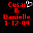 Red pixelated text on black background shows 'Cesar & Danielle 1-12-09' with a white heart symbol replacing the ampersand in one view.