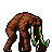 Pixelated creature with brown fur, bent posture, and green-and-white striped tail on gray background.