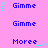 Pixelated text 'Gimme' and 'Moree' in blue on pink background with cyan star accents, arranged in a pattern