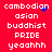 Red background with white text arranged in two , each containing identical repeated phrases; blue pixel clusters appear in the top-right and middle-left of the text